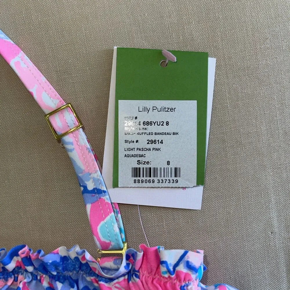 NWT Lilly Pulitzer Salsa Ruffled Bandeau Bikini Light Pascha Pink Aquadesiac 8 - Picture 3 of 5